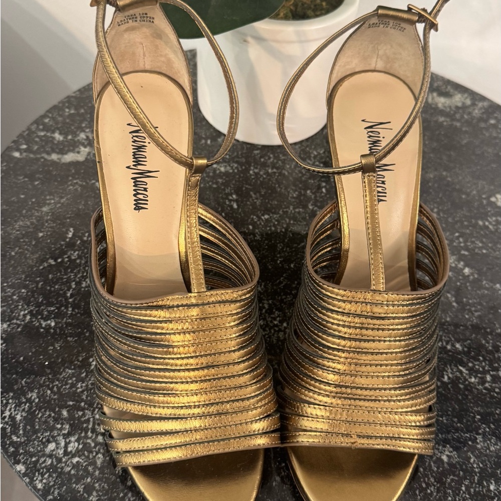 Neiman Marcus Gold Heels with Strappy Design